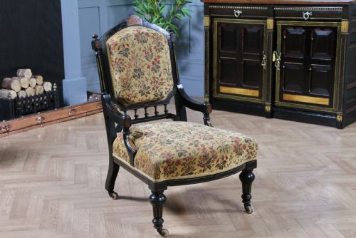 Antique Victorian Aesthetic Movement Ebonised Gilt and Inlaid Carved Nursing Chair C1870