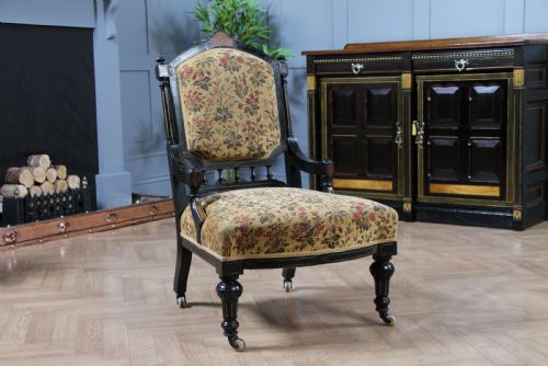 fig 1. Antique Victorian Aesthetic Movement Ebonised Gilt and Inlaid Carved Nursing Chair C1870