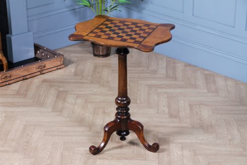 Antique Victorian Birdseye Maple, Rosewood, Mahogany & Ebony Inlaid Chess Games Tripod Table C1880