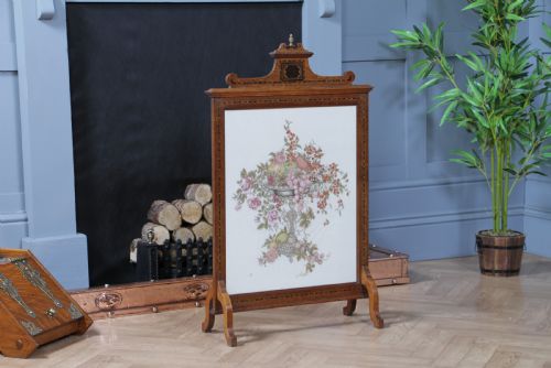 Antique Original Edwardian Oak Ebony Inlaid & Tapestry Needlepoint Fire Place Screen