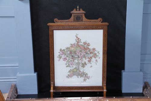 fig 2. Antique Original Edwardian Oak Ebony Inlaid & Tapestry Needlepoint Fire Place Screen