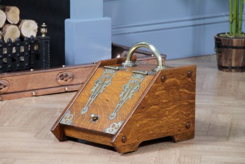 Antique Edwardian Art Nouveau Solid Oak Fireside Coal Purdonium Scuttle Box 1900