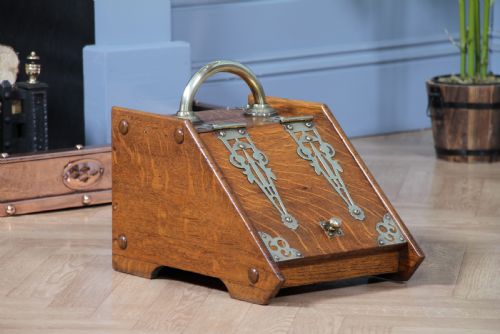 fig 1. Antique Edwardian Art Nouveau Solid Oak Fireside Coal Purdonium Scuttle Box 1900