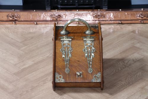 fig 3. Antique Edwardian Art Nouveau Solid Oak Fireside Coal Purdonium Scuttle Box 1900