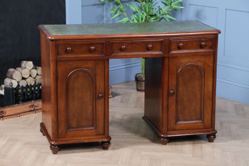 Antique Victorian Curved Front Mahogany 3 Drawer Twin Pedestal Writing Desk 1870