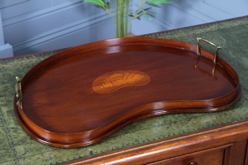 ANTIQUE EDWARDIAN SOLID MAHOGANY KIDNEY SHAPED INLAID SERVING TRAY C1900 - ADDITIONAL PHOTO 1
