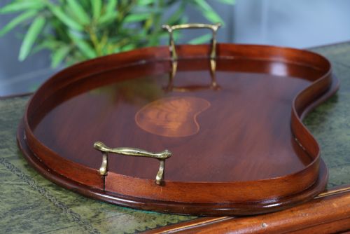ANTIQUE EDWARDIAN SOLID MAHOGANY KIDNEY SHAPED INLAID SERVING TRAY C1900 - ADDITIONAL PHOTO 5