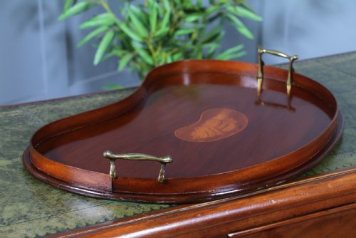 ANTIQUE EDWARDIAN SOLID MAHOGANY KIDNEY SHAPED INLAID SERVING TRAY C1900 - ADDITIONAL PHOTO 6