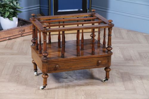 Antique Original Victorian Walnut Inlaid Turned Canterbury with Drawer 1860