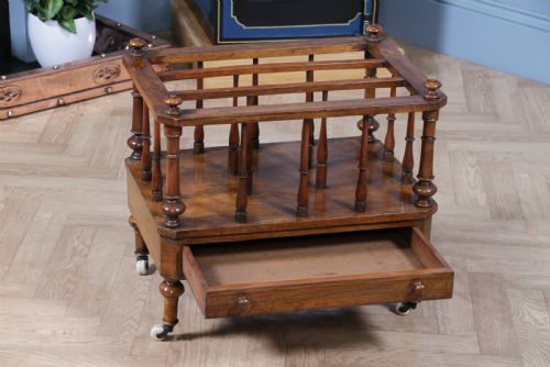 fig 1. Antique Original Victorian Walnut Inlaid Turned Canterbury With Drawer 1860