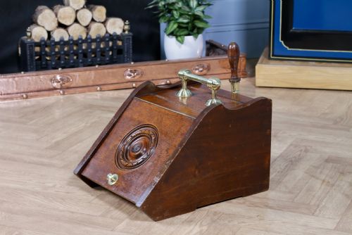 fig 1. Antique Edwardian Art Nouveau Oak Carved Fireside Coal Purdonium Scuttle Box C1900