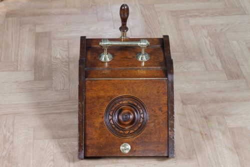 fig 3. Antique Edwardian Art Nouveau Oak Carved Fireside Coal Purdonium Scuttle Box C1900