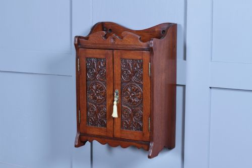 Small Antique Oak Arts & Crafts 2 Door Hanging Smokers Pipe Cabinet