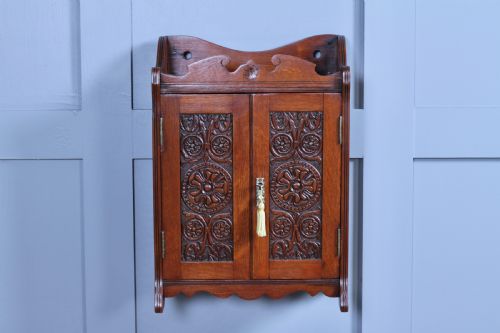 fig 1. Small Antique Oak Arts & Crafts 2 door Hanging Smokers Pipe Cabinet