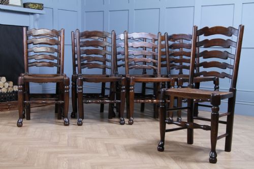 fig 1. Titchmarsh & Goodwin Set of 9 Ladder Back Solid Oak Rush Seated Dining Chairs 8
