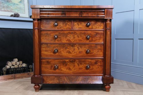 fig 1. Original Antique Victorian Flame Grain Tall Mahogany Scottish Chest of 6 Drawers