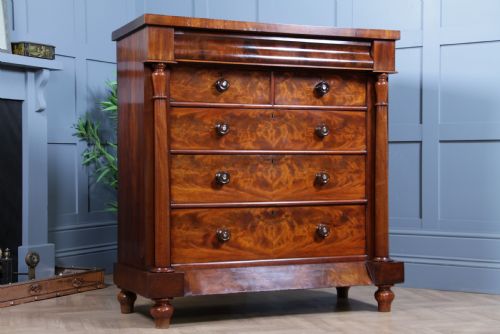Original Antique Victorian Flame Grain Tall Mahogany Scottish Chest of 6 Drawers