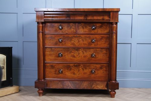 fig 2. Original Antique Victorian Flame Grain Tall Mahogany Scottish Chest of 6 Drawers