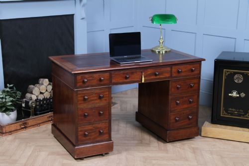 Original Antique Victorian Mahogany 9 Drawer Twin Pedestal Leather Top Writing Desk C1880