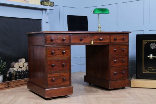 fig 1. Original Antique Victorian Mahogany 9 Drawer Twin Pedestal Leather Top Writing Desk C1880