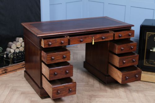 fig 3. Original Antique Victorian Mahogany 9 Drawer Twin Pedestal Leather Top Writing Desk C1880