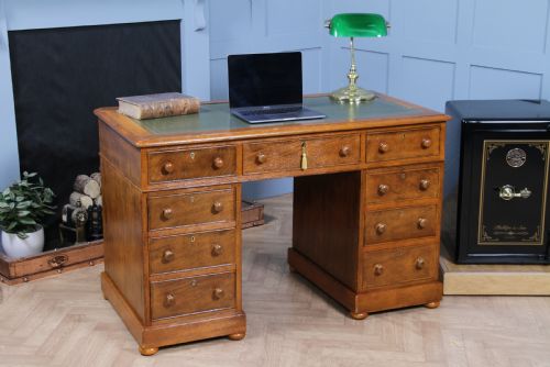 fig 2. Antique Victorian Golden Figured Brown Oak 9 Drawer Twin Pedestal Leather Top Writing Desk