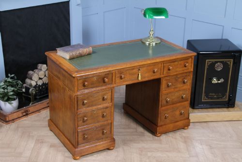 fig 1. Antique Victorian Golden Figured Brown Oak 9 Drawer Twin Pedestal Leather Top Writing Desk