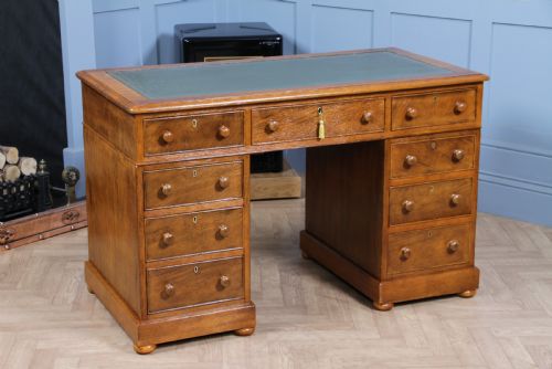 Antique Victorian Golden Figured Brown Oak 9 Drawer Twin Pedestal Leather Top Writing Desk
