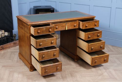 fig 3. Antique Victorian Golden Figured Brown Oak 9 Drawer Twin Pedestal Leather Top Writing Desk