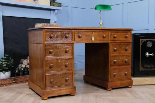 fig 4. Antique Victorian Golden Figured Brown Oak 9 Drawer Twin Pedestal Leather Top Writing Desk
