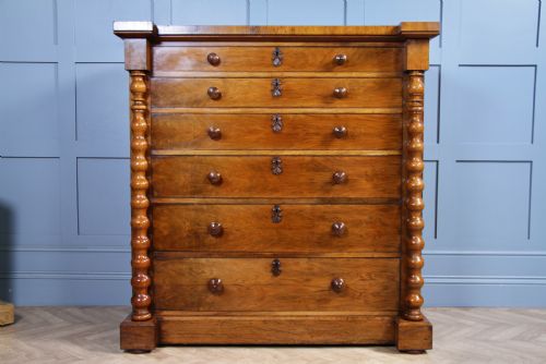 fig 1. Antique Original Victorian Figured Walnut Bobbin Turned Large Scottish Chest of 6 Drawers 1850