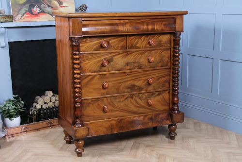 Original Antique Victorian Flame Grain Tall Bobbin Turned Mahogany Scottish Chest of 6 Drawers