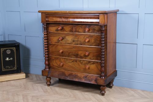 fig 1. Original Antique Victorian Flame Grain Tall Bobbin Turned Mahogany Scottish Chest of 6 Drawers