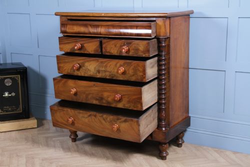 fig 2. Original Antique Victorian Flame Grain Tall Bobbin Turned Mahogany Scottish Chest of 6 Drawers