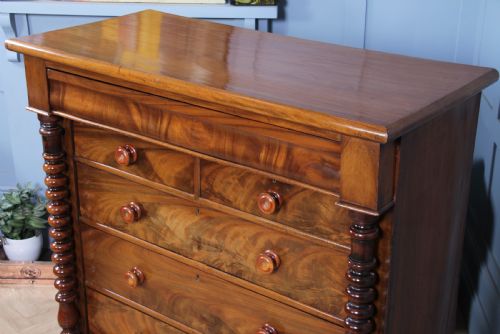 fig 3. Original Antique Victorian Flame Grain Tall Bobbin Turned Mahogany Scottish Chest of 6 Drawers