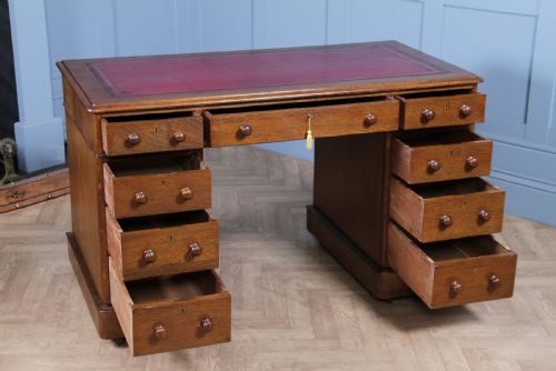 fig 2. Antique Victorian Medium Oak 9 Drawer Twin Pedestal Leather Top Writing Desk