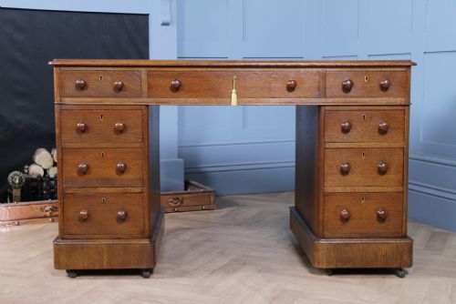 fig 4. Antique Victorian Medium Oak 9 Drawer Twin Pedestal Leather Top Writing Desk