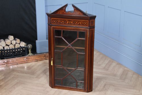 Antique Edwardian Astral Glazed Mahogany Inlaid Corner Wall Hanging Cabinet 1890