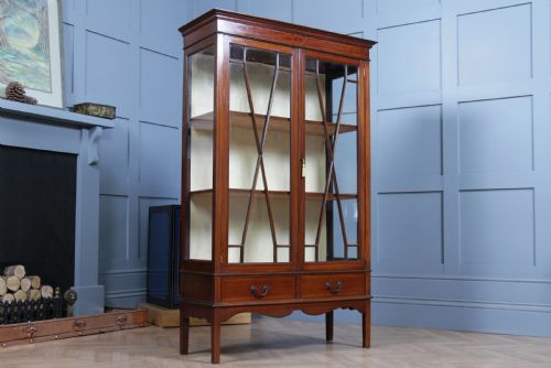 Antique Edwardian Sheraton Revival Inlaid Mahogany Glazed Display China Cabinet