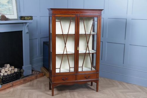 fig 1. Antique Edwardian Sheraton Revival Inlaid Mahogany Glazed Display China Cabinet