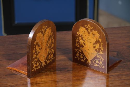 Pair of Antique Edwardian Mahogany Inlaid Boxwood & Satinwood Marquetry Bookends