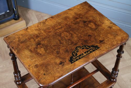 ANTIQUE VICTORIAN BURR WALNUT EBONY INLAID CANTERBURY WHATNOT WITH DRAWER - ADDITIONAL PHOTO 2