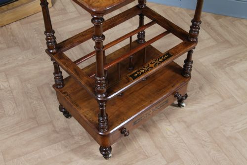 ANTIQUE VICTORIAN BURR WALNUT EBONY INLAID CANTERBURY WHATNOT WITH DRAWER - ADDITIONAL PHOTO 3