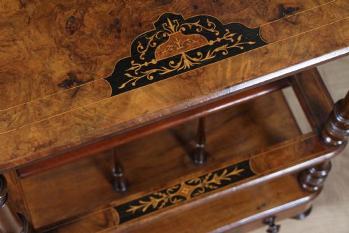 ANTIQUE VICTORIAN BURR WALNUT EBONY INLAID CANTERBURY WHATNOT WITH DRAWER - ADDITIONAL PHOTO 5