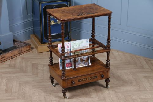 ANTIQUE VICTORIAN BURR WALNUT EBONY INLAID CANTERBURY WHATNOT WITH DRAWER - ADDITIONAL PHOTO 7