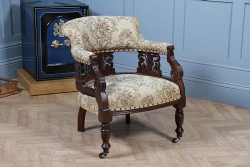 Antique Original Edwardian Carved Walnut Upholstered Fireside Tub Chair