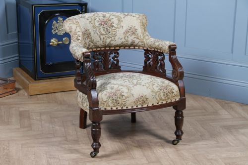 fig 1. Antique Original Edwardian Carved Walnut Upholstered Fireside Tub Chair