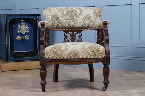 fig 2. Antique Original Edwardian Carved Walnut Upholstered Fireside Tub Chair
