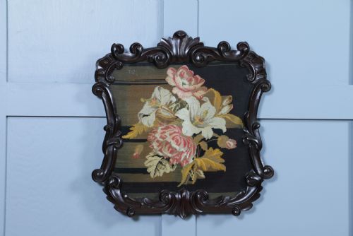 Antique Victorian Carved Mahogany Handmade Needle Point Tapestry Wall Plaque