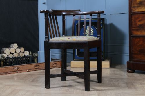 ANTIQUE GEORGIAN COUNTRY MADE DARK ELM TAPESTRY SEATED SLAT BACK CORNER CHAIR - ADDITIONAL PHOTO 2